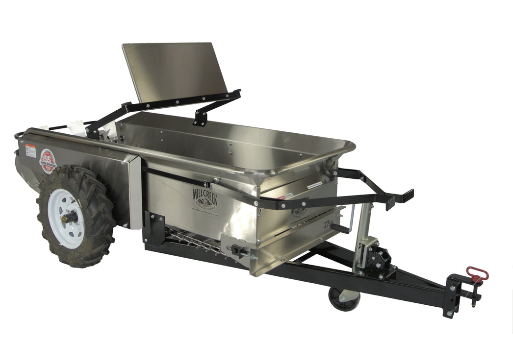 MillCreek Manufacturing  Compact Stainless Steel Spreader (Comes with dolly wheel jack and endgate included) (Spreader body, apron chain, beater, and endgate are all made of type 304 Stainless Steel)