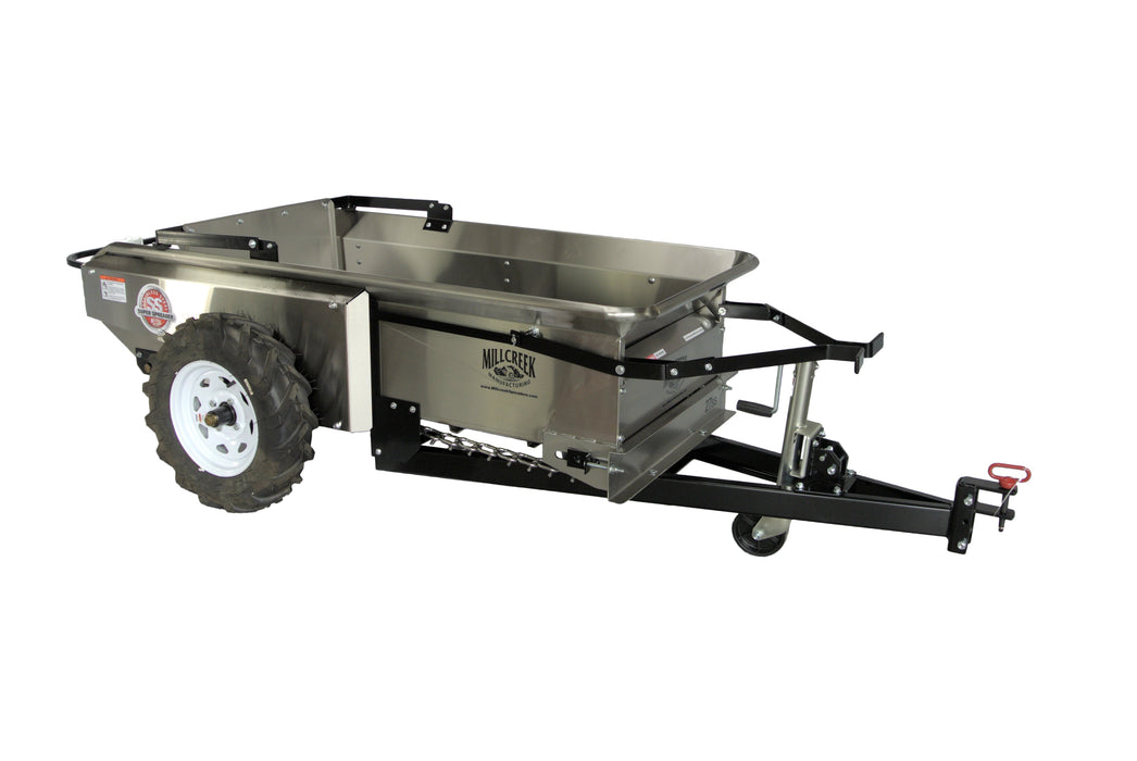 MillCreek Manufacturing  Compact Stainless Steel Spreader (Comes with dolly wheel jack and endgate included) (Spreader body, apron chain, beater, and endgate are all made of type 304 Stainless Steel)