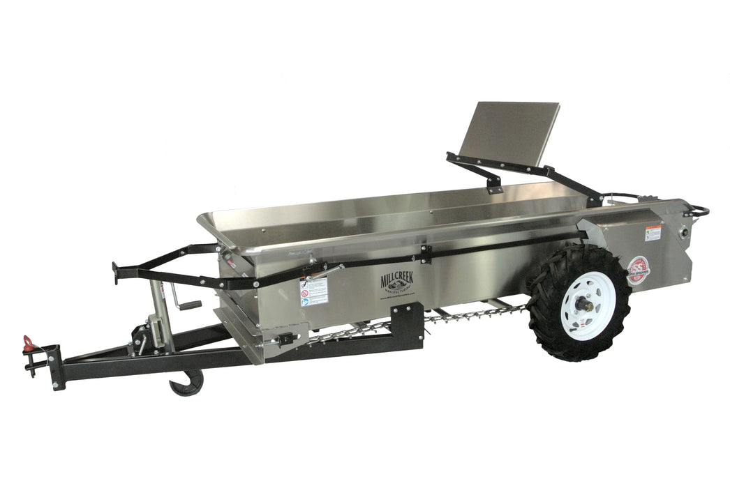 MillCreek Manufacturing  Compact Stainless Steel Spreader (Comes with dolly wheel jack and endgate included) (Spreader body, apron chain, beater, and endgate are all made of type 304 Stainless Steel)