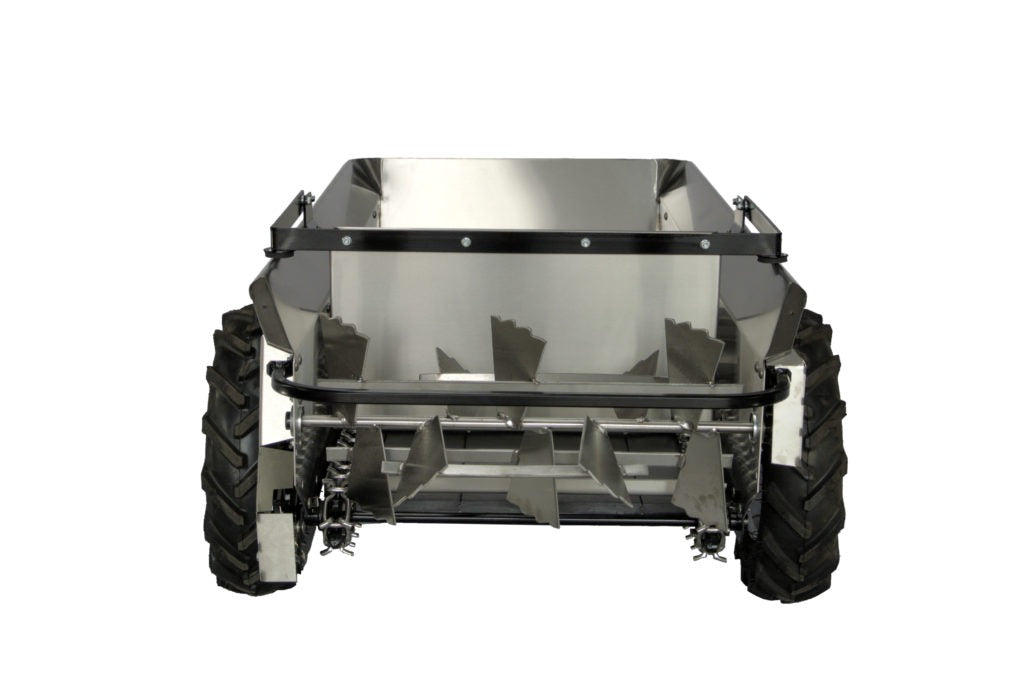 MillCreek Manufacturing  Compact Stainless Steel Spreader (Comes with dolly wheel jack and endgate included) (Spreader body, apron chain, beater, and endgate are all made of type 304 Stainless Steel)