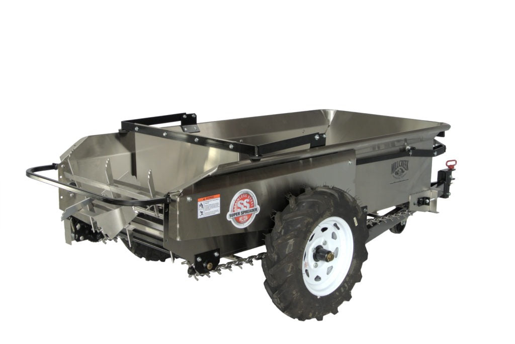 MillCreek Manufacturing  Compact Stainless Steel Spreader (Comes with dolly wheel jack and endgate included) (Spreader body, apron chain, beater, and endgate are all made of type 304 Stainless Steel)