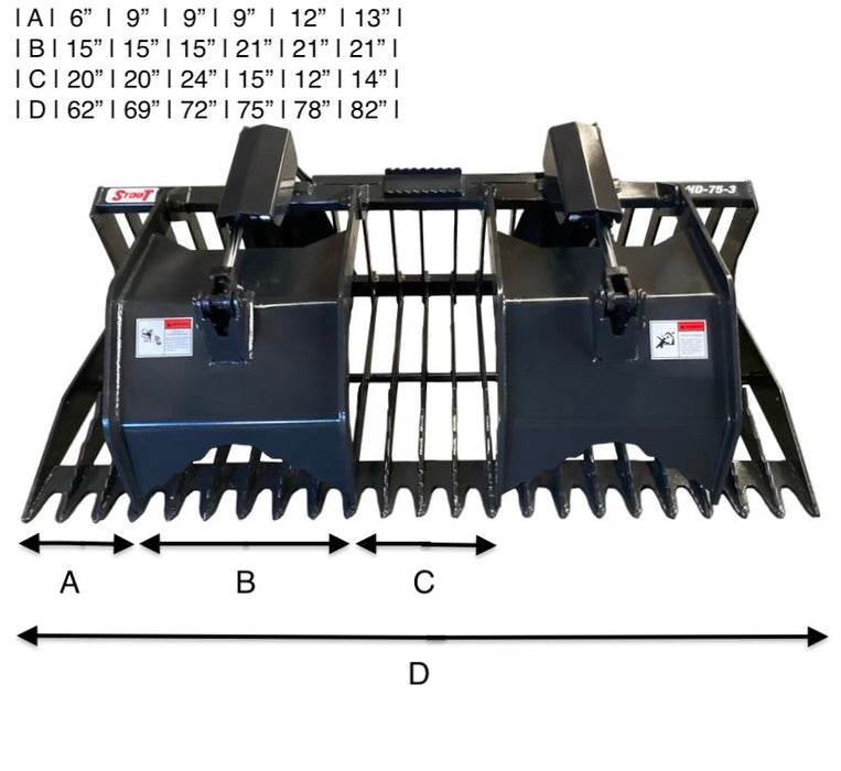 Stout Skid Steer Heavy Duty 3" Tine Spacing Rock Bucket Grapple with Skid Steer Quick Attach